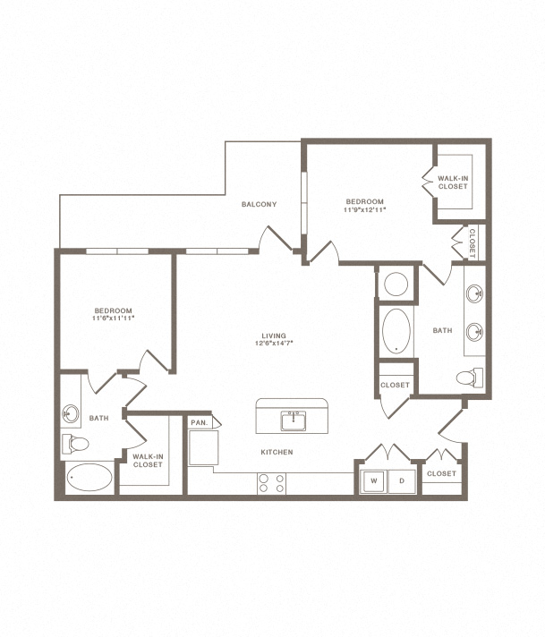 Floor plan for 2 beds, 2 baths, 1253 sqft